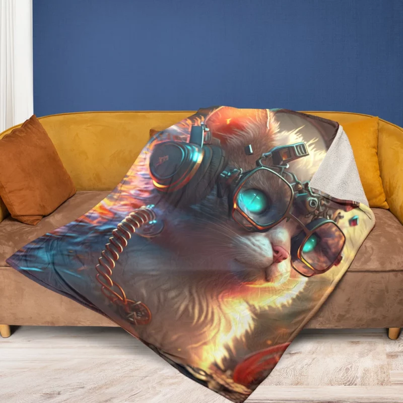 Cyber Cat with Electro Flowers Fleece Blanket 1