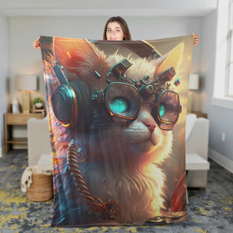 Cyber Cat with Electro Flowers Fleece Blanket 2