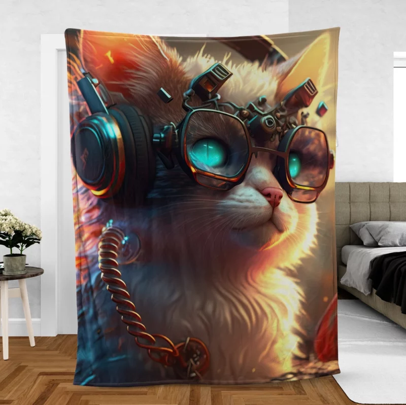 Cyber Cat with Electro Flowers Fleece Blanket