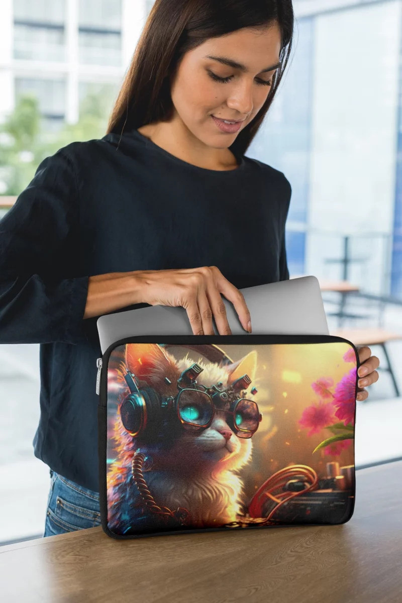 Cyber Cat with Electro Flowers Laptop Sleeve 1