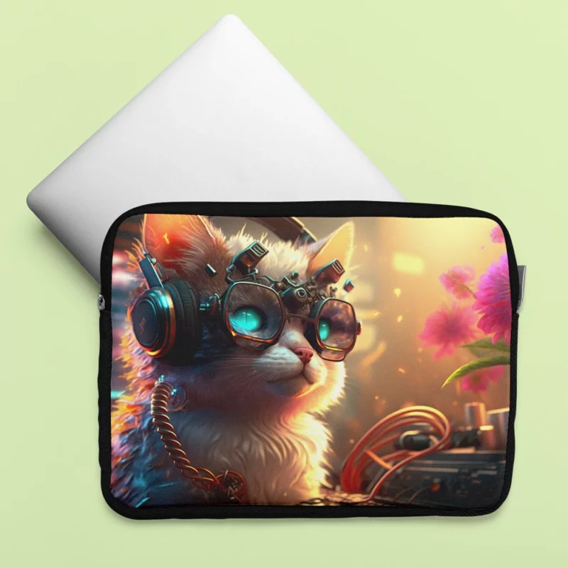 Cyber Cat with Electro Flowers Laptop Sleeve