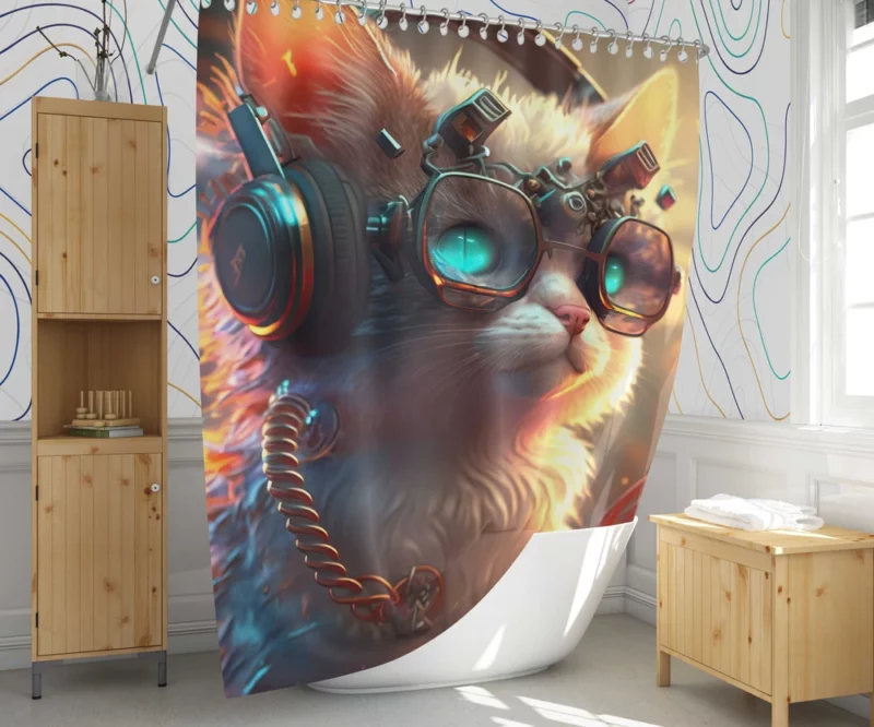 Cyber Cat with Electro Flowers Shower Curtain 1