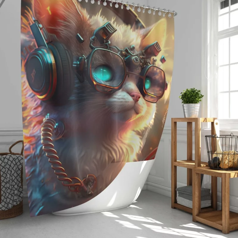 Cyber Cat with Electro Flowers Shower Curtain