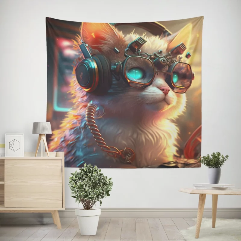 Cyber Cat with Electro Flowers Wall Tapestry