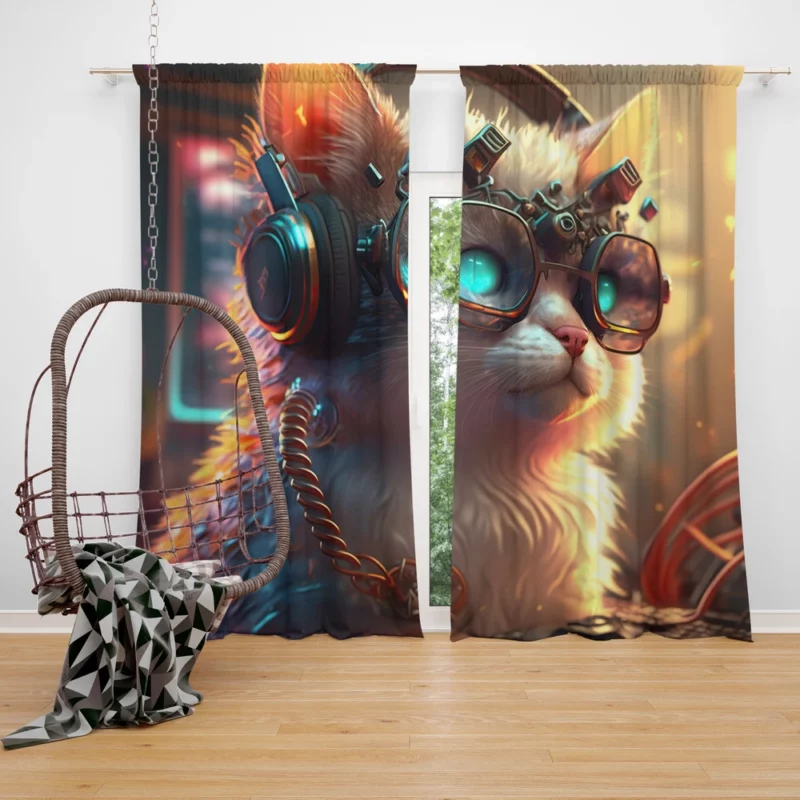 Cyber Cat with Electro Flowers Window Curtain