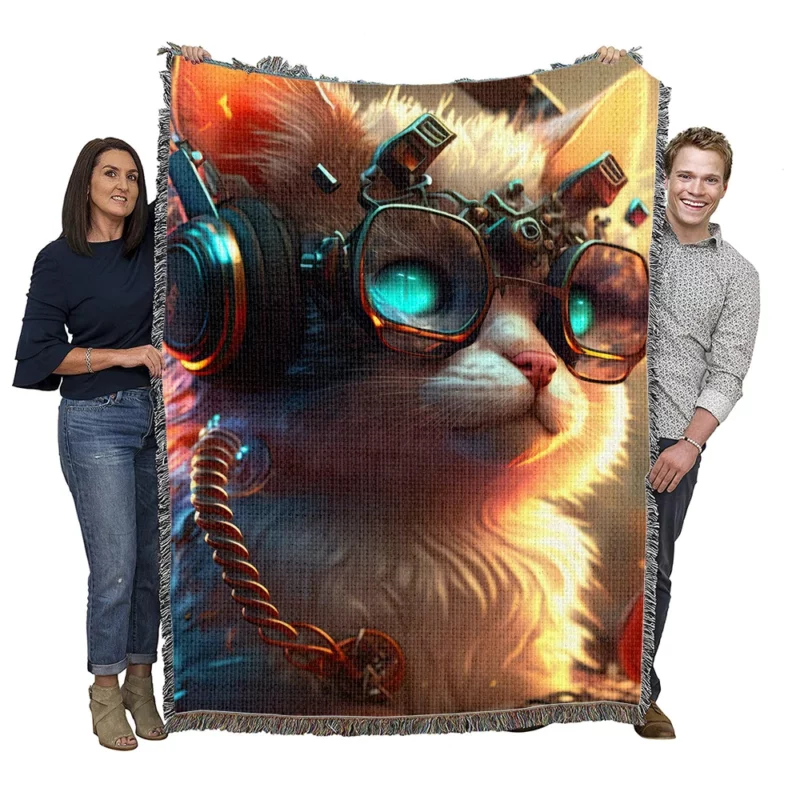 Cyber Cat with Electro Flowers Woven Blanket