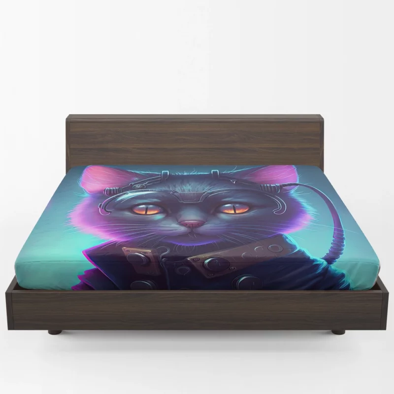 Cyberpunk Style Cyber Cat Art Fitted Sheet 1