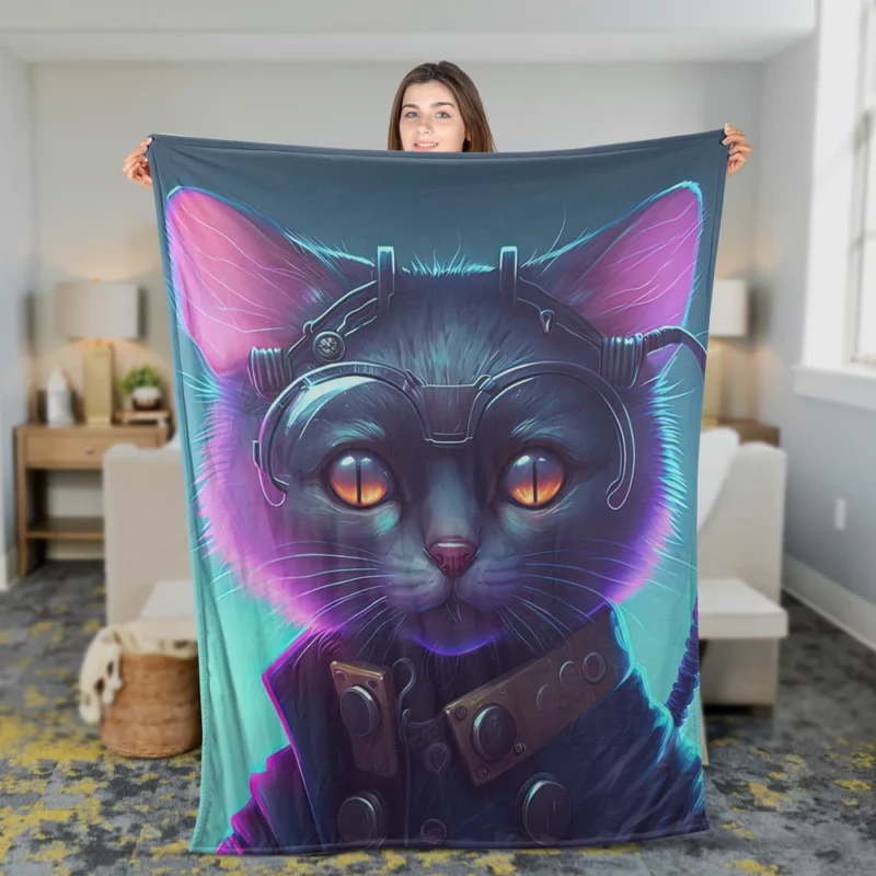 Cyberpunk Style Cyber Cat Art Fleece Blanket 2