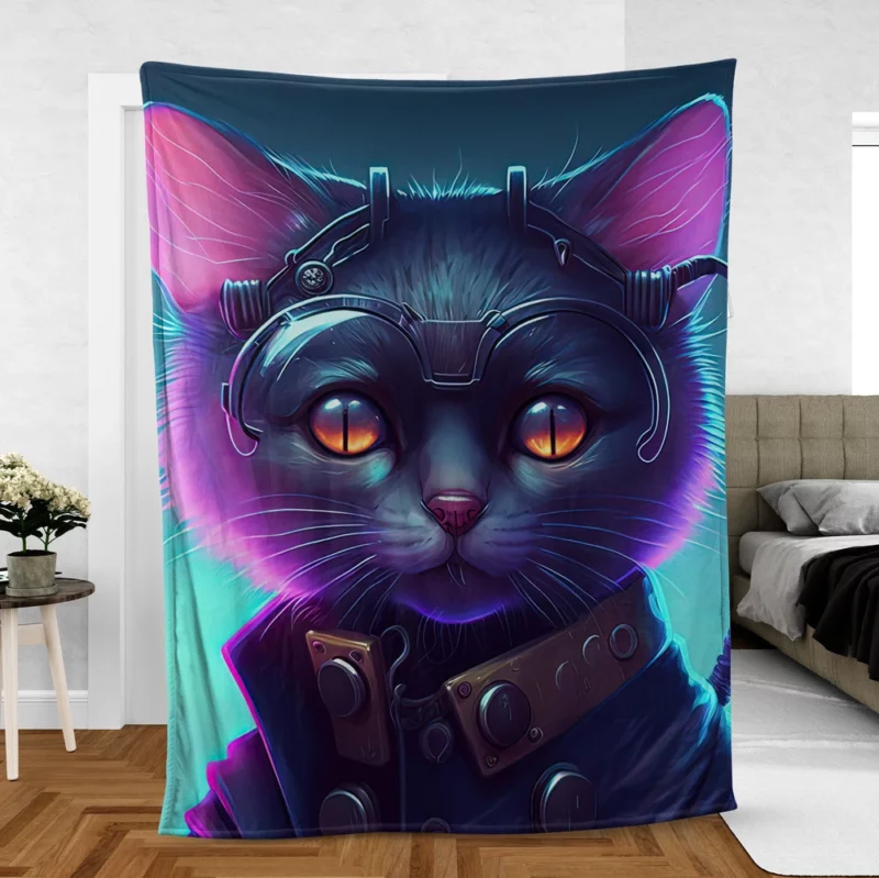 Cyberpunk Style Cyber Cat Art Fleece Blanket