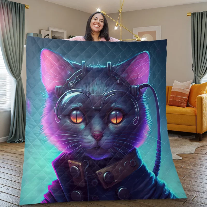 Cyberpunk Style Cyber Cat Art Quilt Blanket