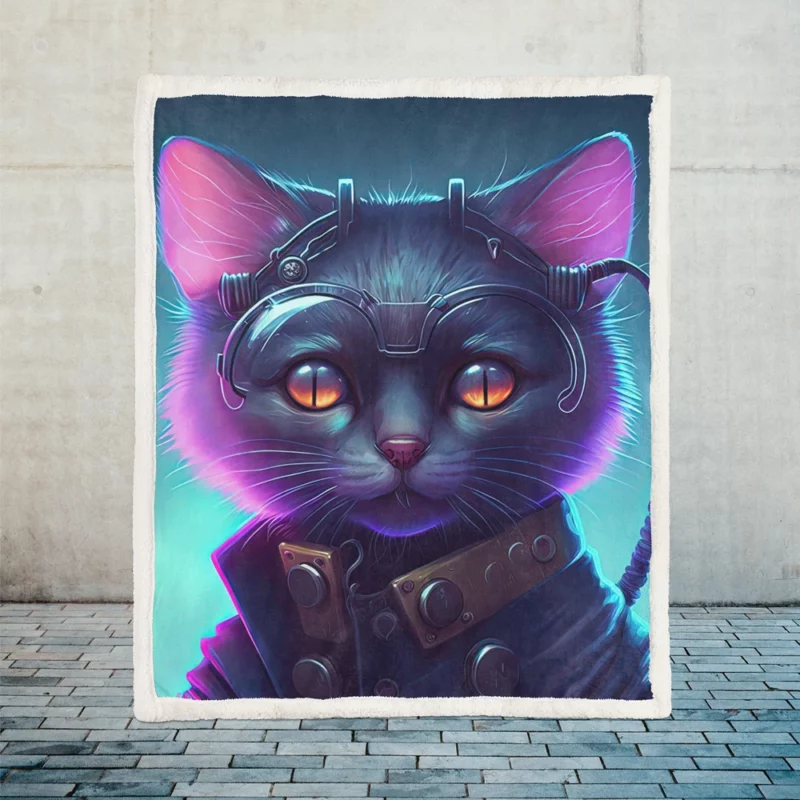 Cyberpunk Style Cyber Cat Art Sherpa Fleece Blanket