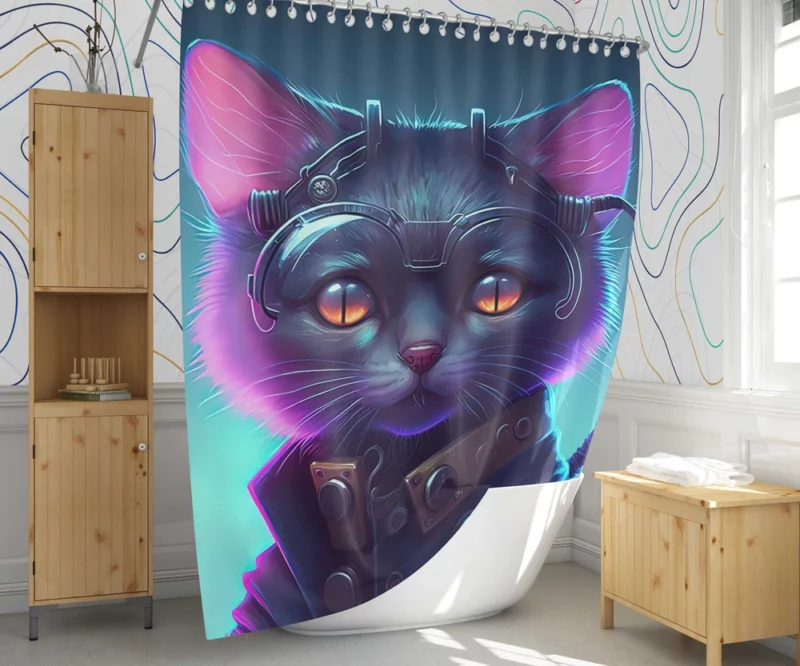 Cyberpunk Style Cyber Cat Art Shower Curtain 1