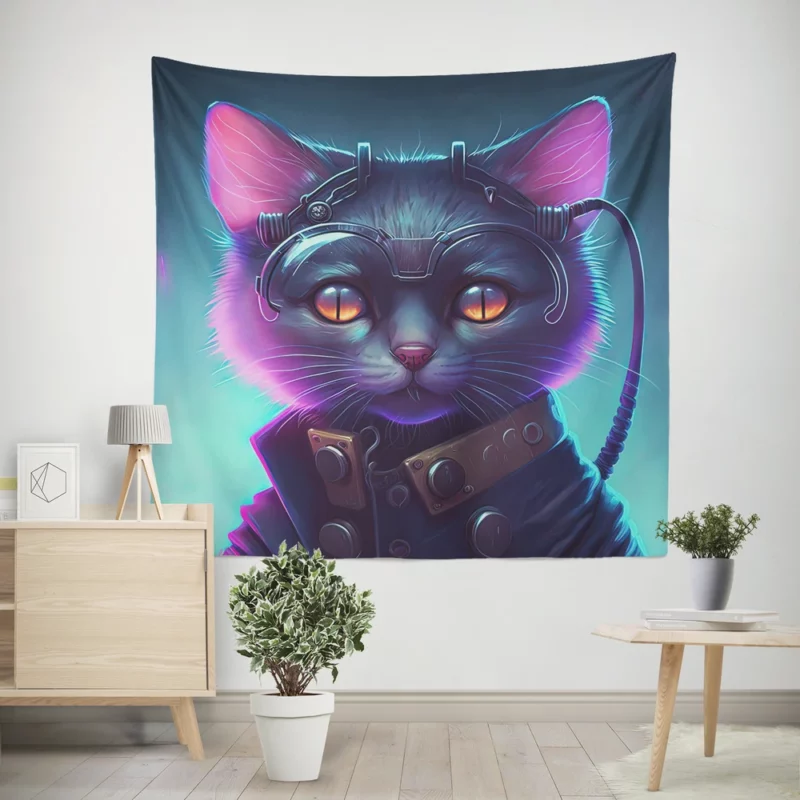 Cyberpunk Style Cyber Cat Art Wall Tapestry