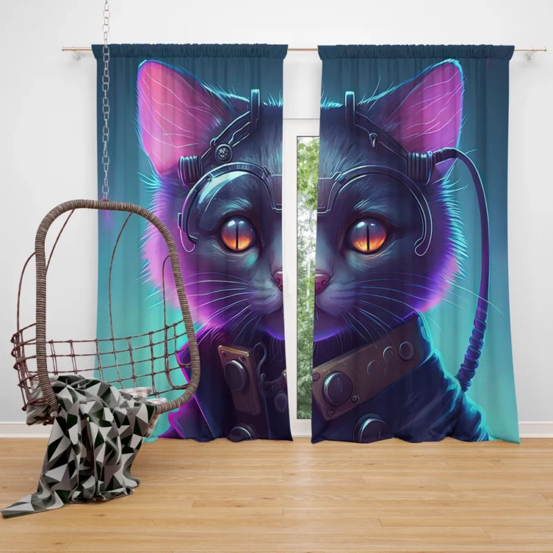 Cyberpunk Style Cyber Cat Art Window Curtain