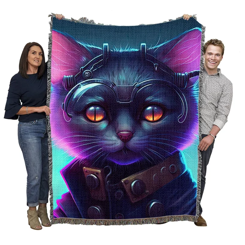 Cyberpunk Style Cyber Cat Art Woven Blanket