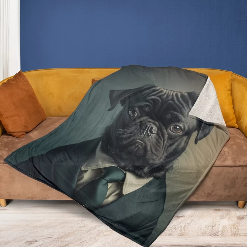 Dapper Black Pug Statue Fleece Blanket 1