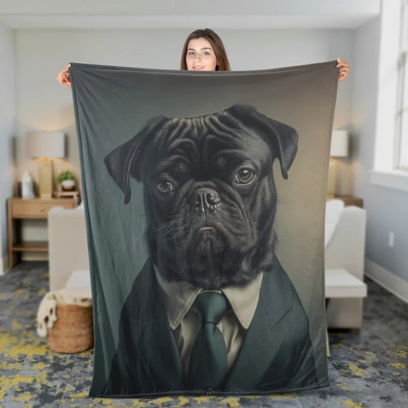 Dapper Black Pug Statue Fleece Blanket 2