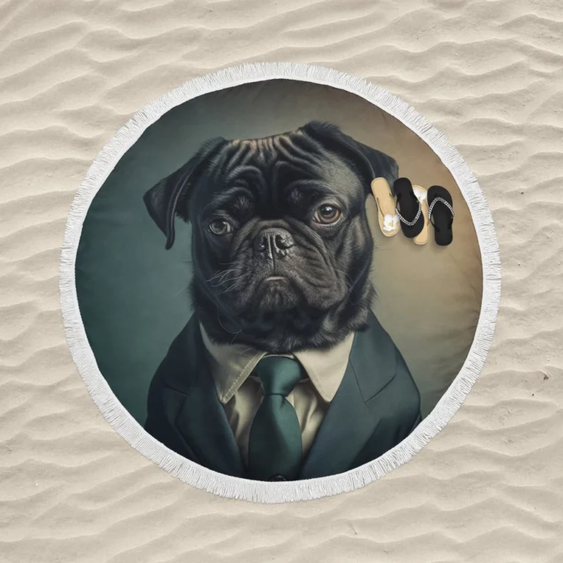 Dapper Black Pug Statue Round Beach Towel