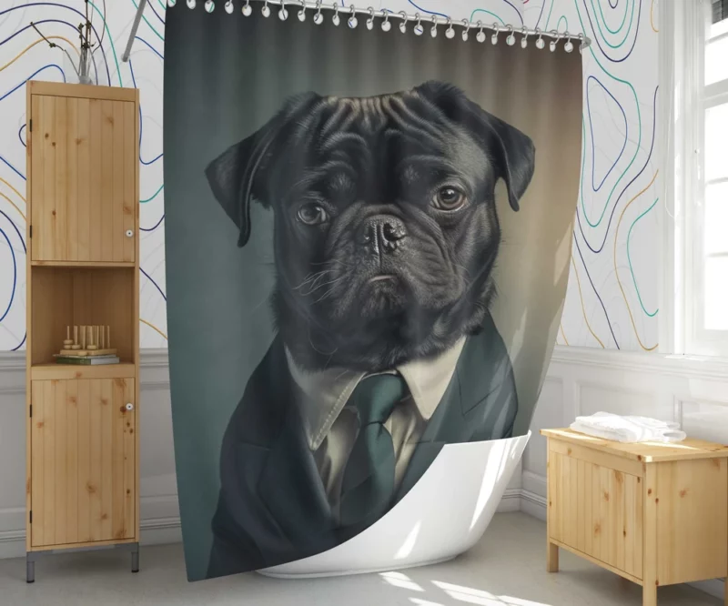 Dapper Black Pug Statue Shower Curtain 1