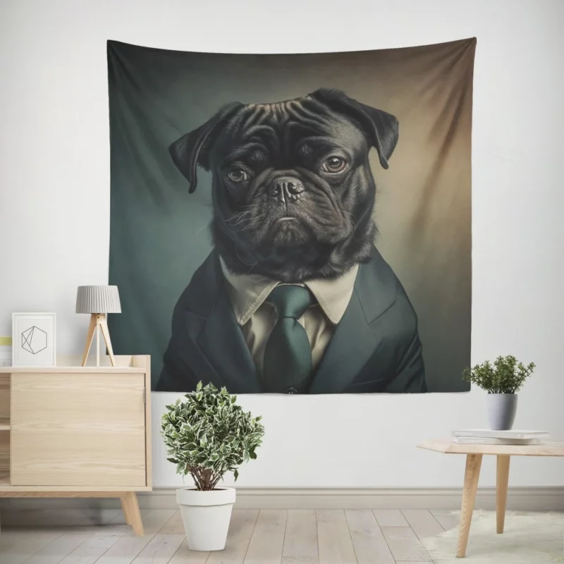 Dapper Black Pug Statue Wall Tapestry