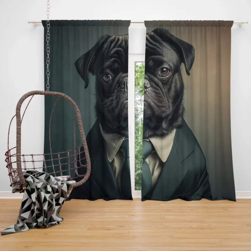 Dapper Black Pug Statue Window Curtain