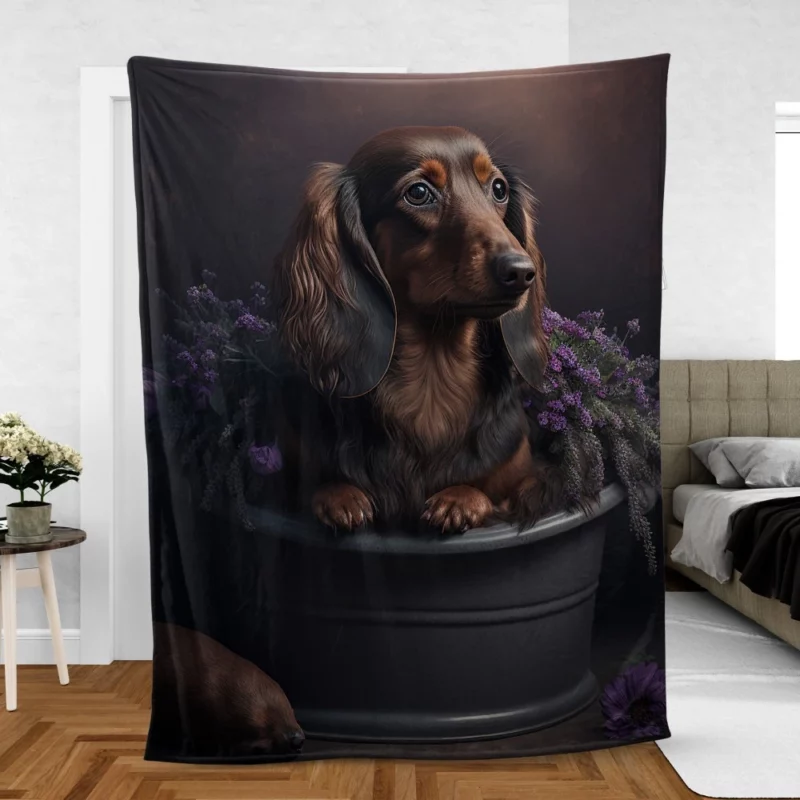 Dog in Purple Pot Fleece Blanket