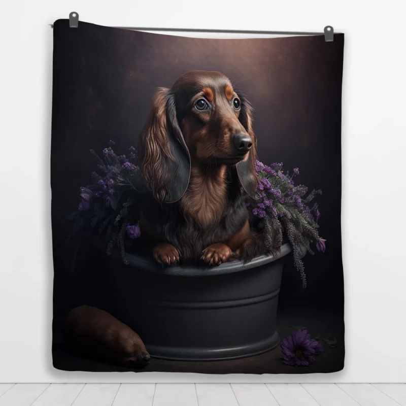 Dog in Purple Pot Quilt Blanket 1