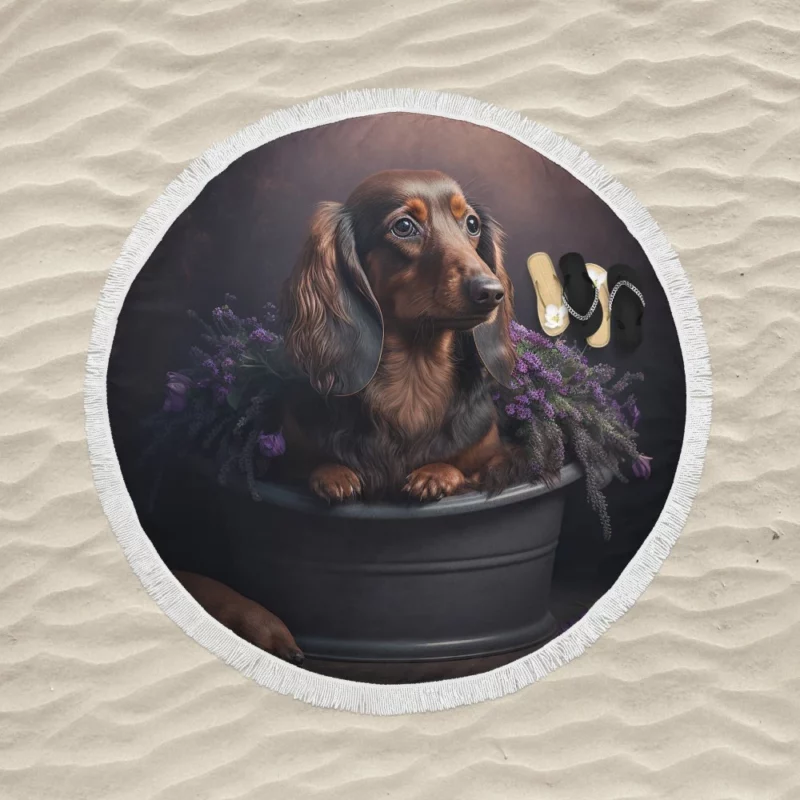 Dog in Purple Pot Round Beach Towel