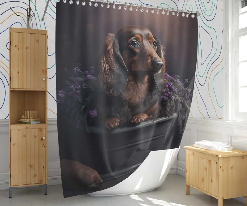 Dog in Purple Pot Shower Curtain 1