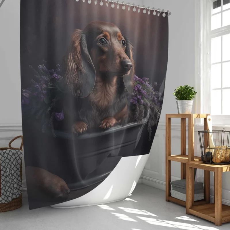 Dog in Purple Pot Shower Curtain