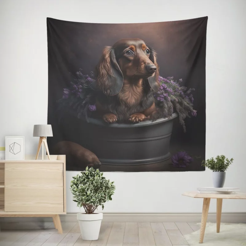 Dog in Purple Pot Wall Tapestry