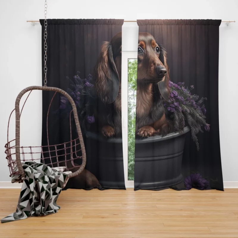 Dog in Purple Pot Window Curtain