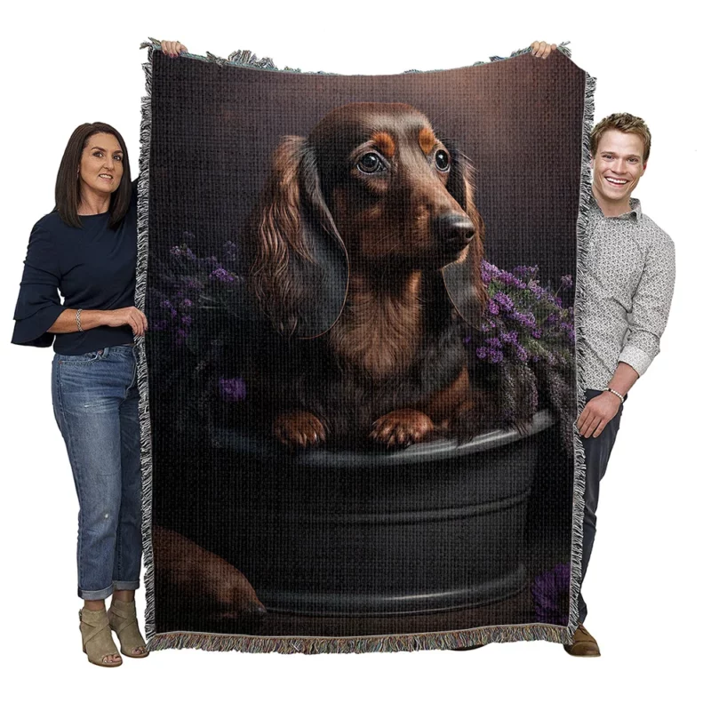 Dog in Purple Pot Woven Blanket