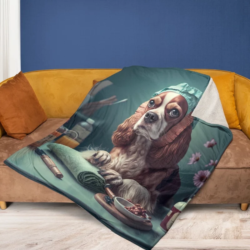 Dog with Blue Cap Painting Print Fleece Blanket 1