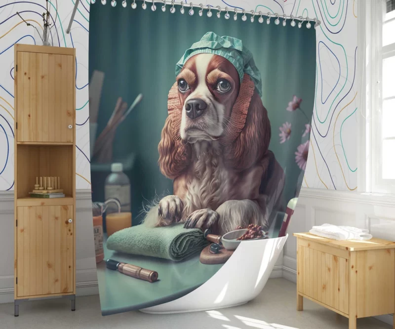 Dog with Blue Cap Painting Print Shower Curtain 1