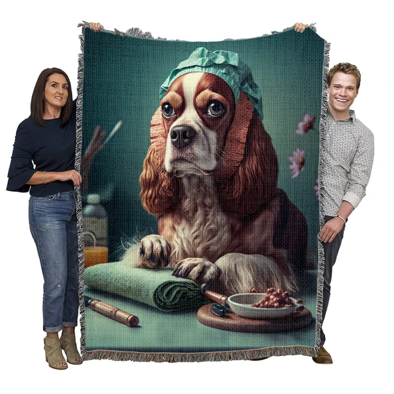 Dog with Blue Cap Painting Print Woven Blanket
