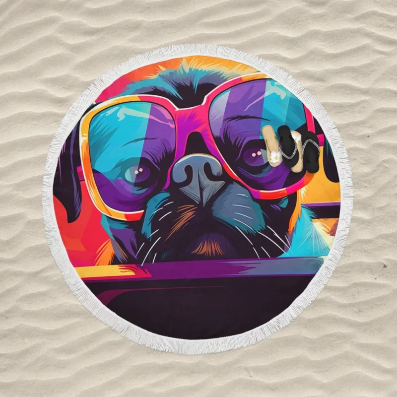 Dog with Sunglasses Round Beach Towel