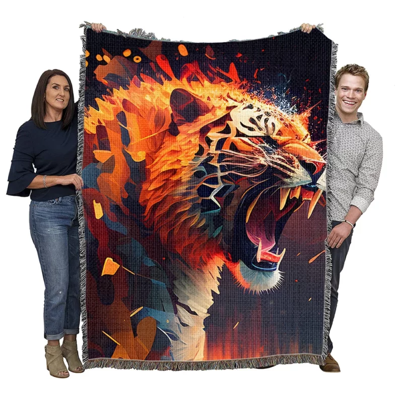 Fiery Tiger Face with Word Tiger Woven Blanket