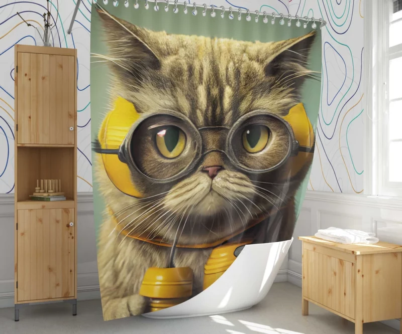 Fireman Helmet Cat Pet Shower Curtain 1