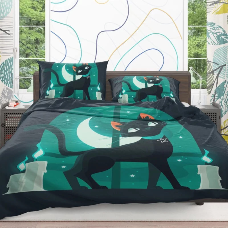 Flat Halloween Cat Illustration Bedding Set