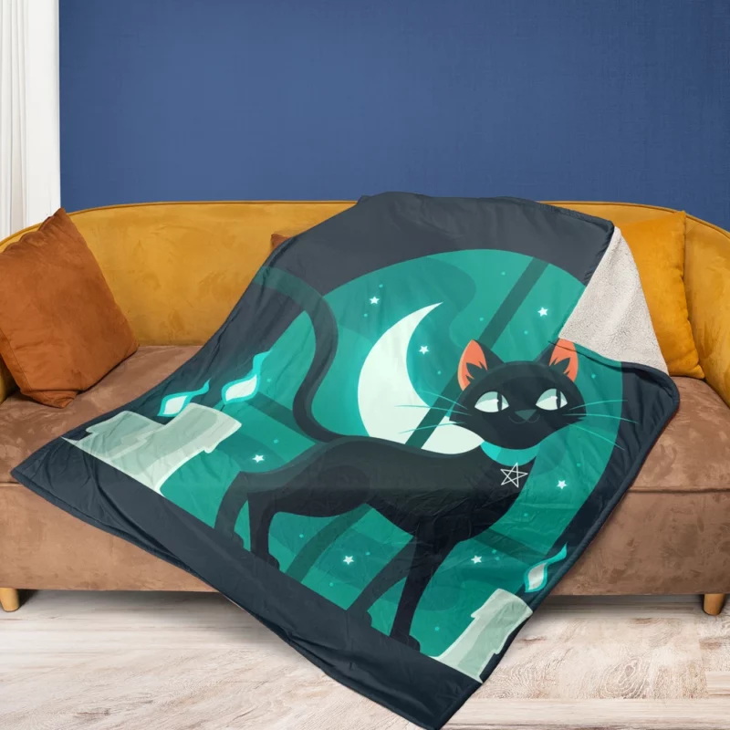 Flat Halloween Cat Illustration Fleece Blanket 1