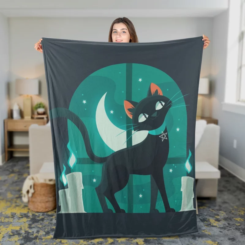 Flat Halloween Cat Illustration Fleece Blanket 2