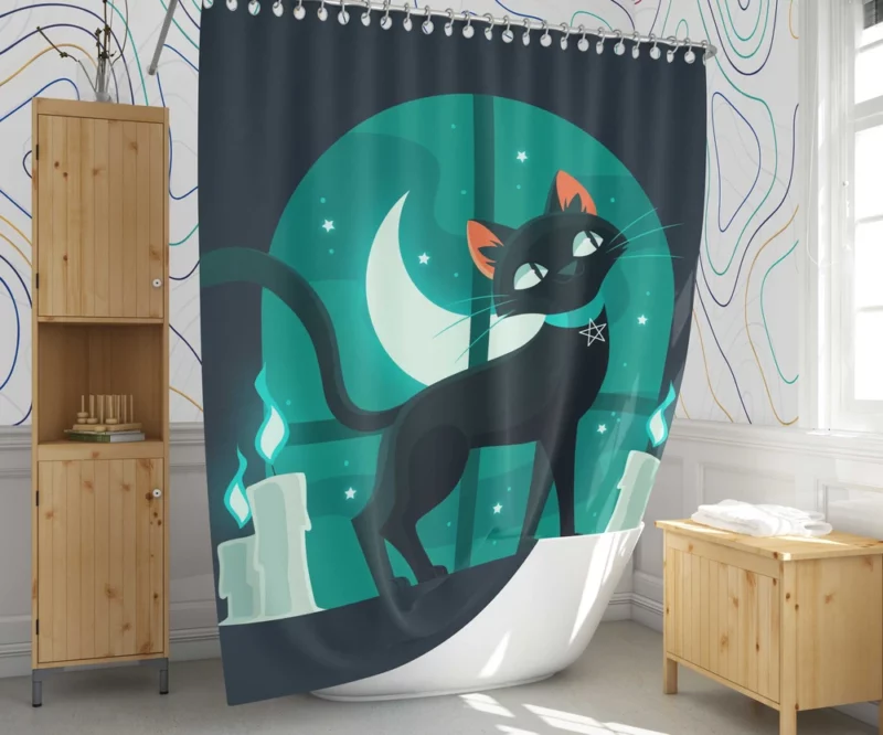 Flat Halloween Cat Illustration Shower Curtain 1