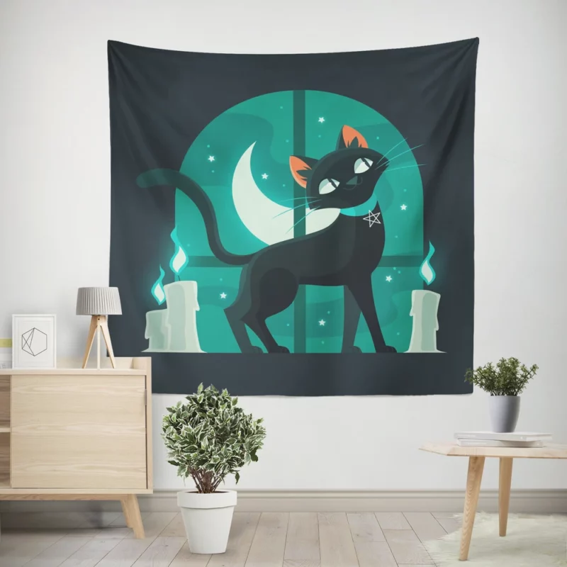 Flat Halloween Cat Illustration Wall Tapestry