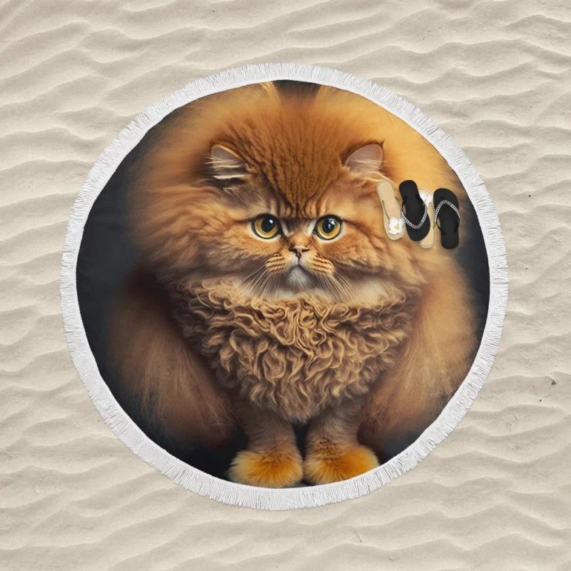 Fluffy Faced Cat on Dark Background Round Beach Towel