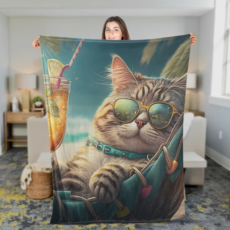 Funny Sunglasses Beach Cat Fleece Blanket 2