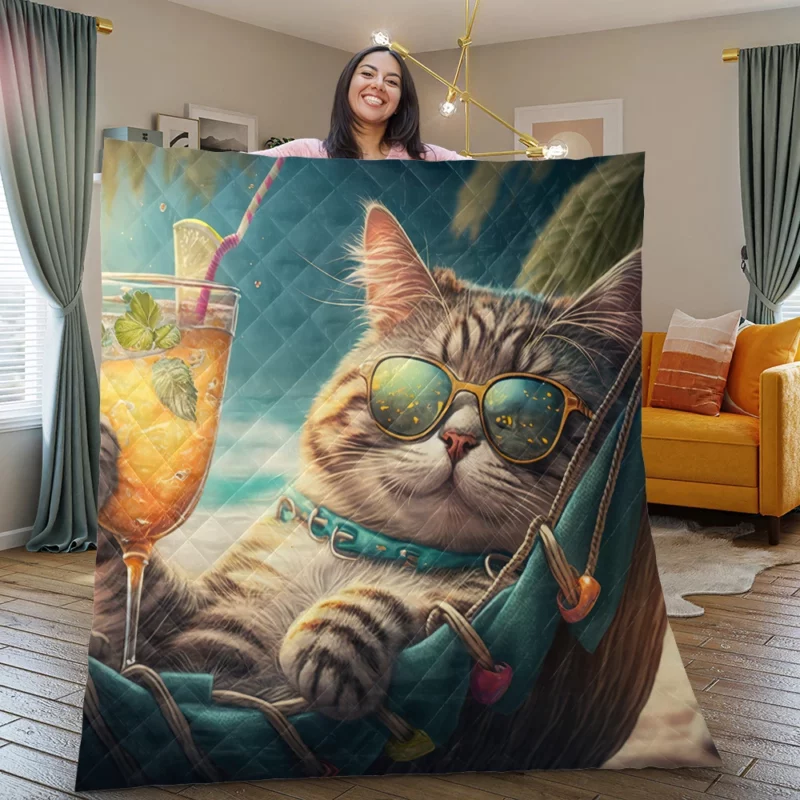 Funny Sunglasses Beach Cat Quilt Blanket