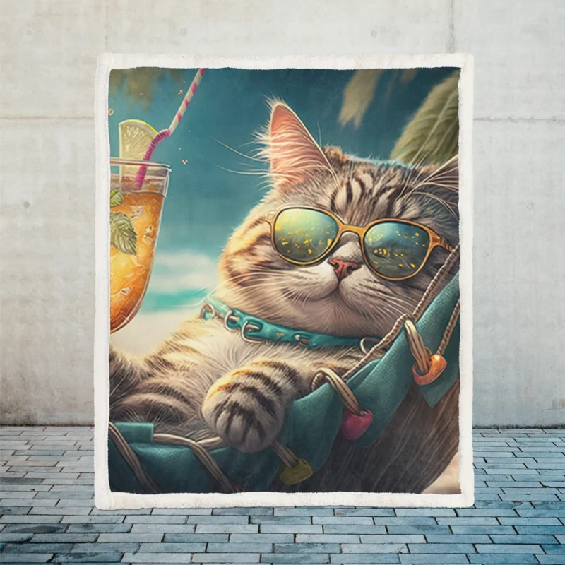 Funny Sunglasses Beach Cat Sherpa Fleece Blanket