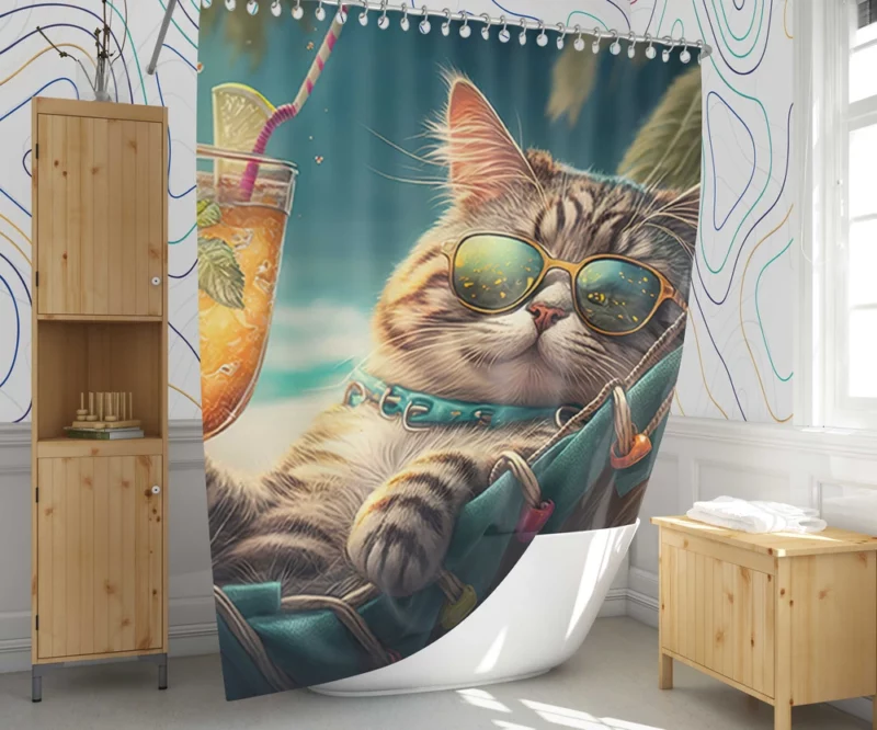 Funny Sunglasses Beach Cat Shower Curtain 1