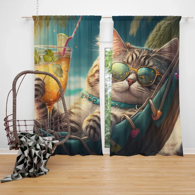 Funny Sunglasses Beach Cat Window Curtain